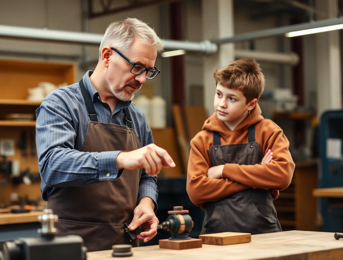 Vocational teacher showing a detail on a workpiece to a student in the workshop