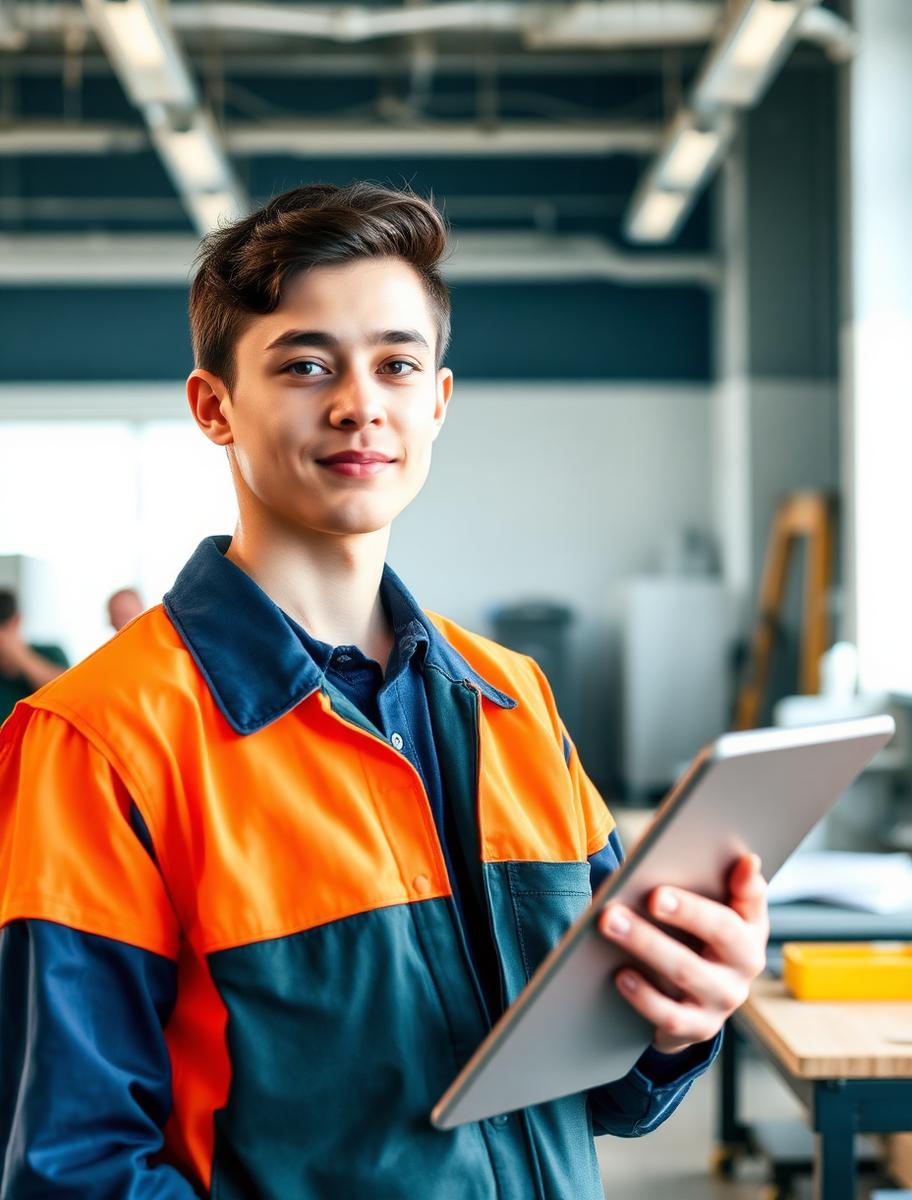 Young vocational student in workwear holding a tablet in a bright workshop