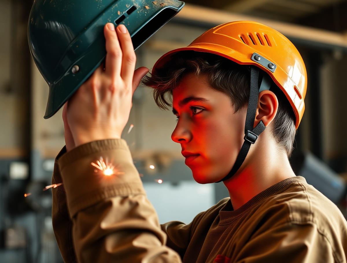 Welding apprentice assessing a weld seam on a steel workpiece