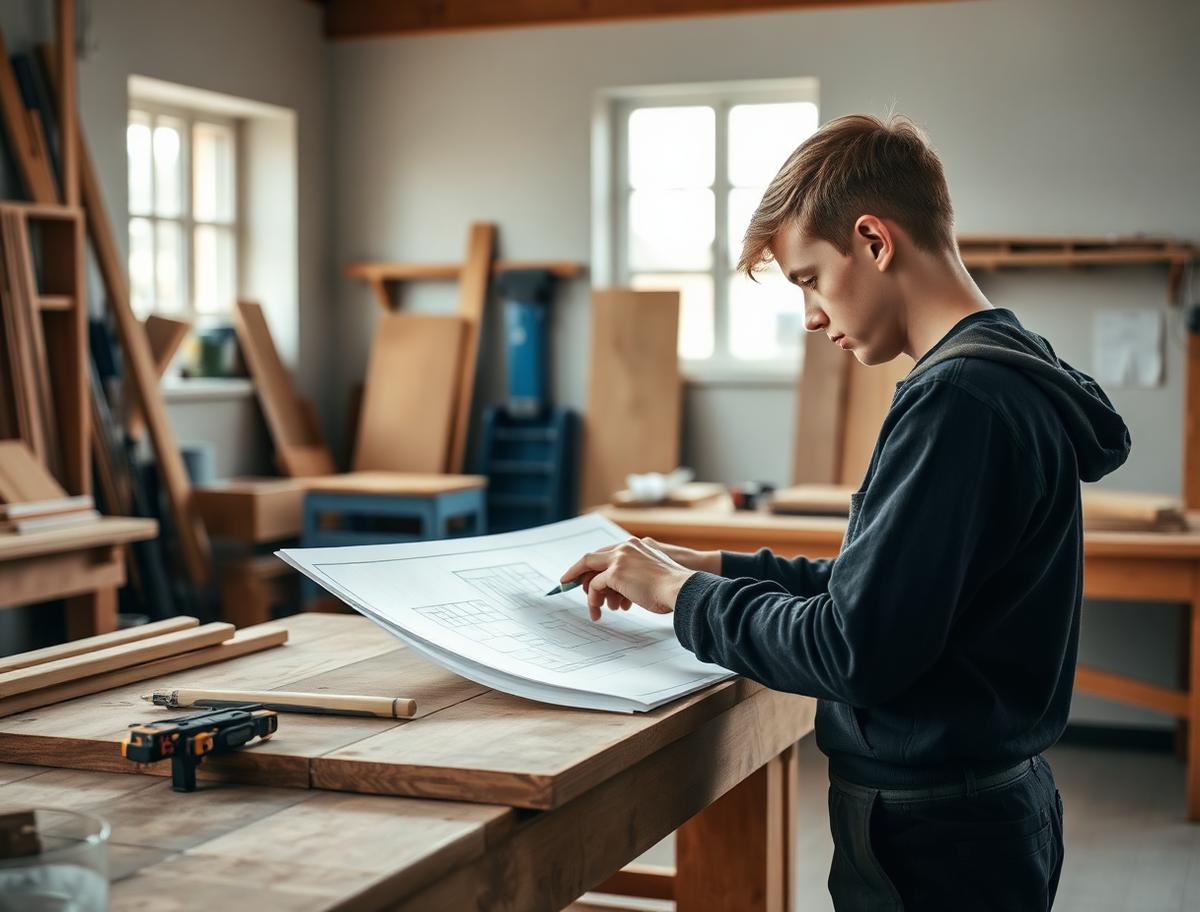 Carpentry apprentice studying a building drawing at the workbench