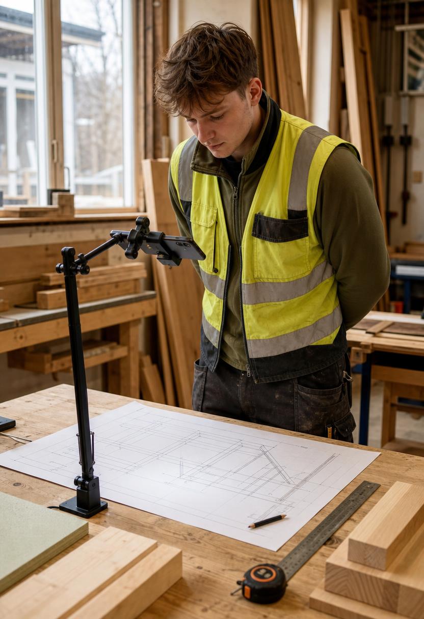Carpentry apprentice studying a building drawing while a mounted phone documents it