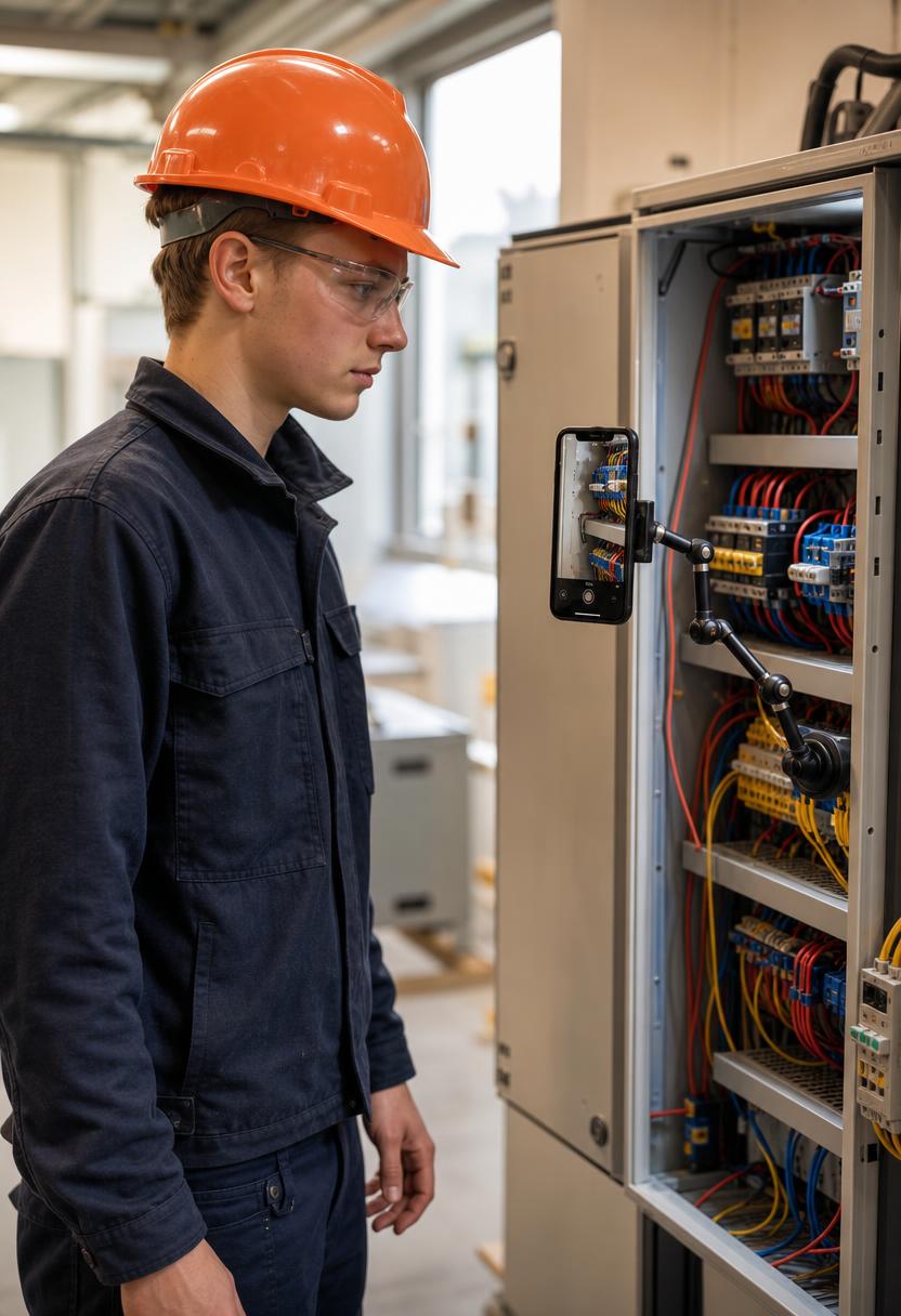Electrician apprentice inspecting a switchboard while a mounted phone documents the work