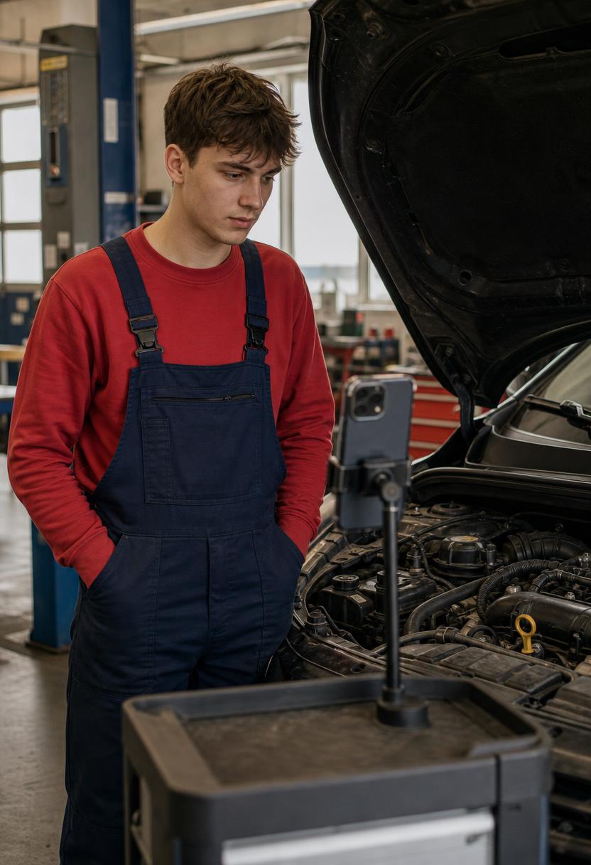 Mechanic apprentice inspecting an engine while a mounted phone documents the work