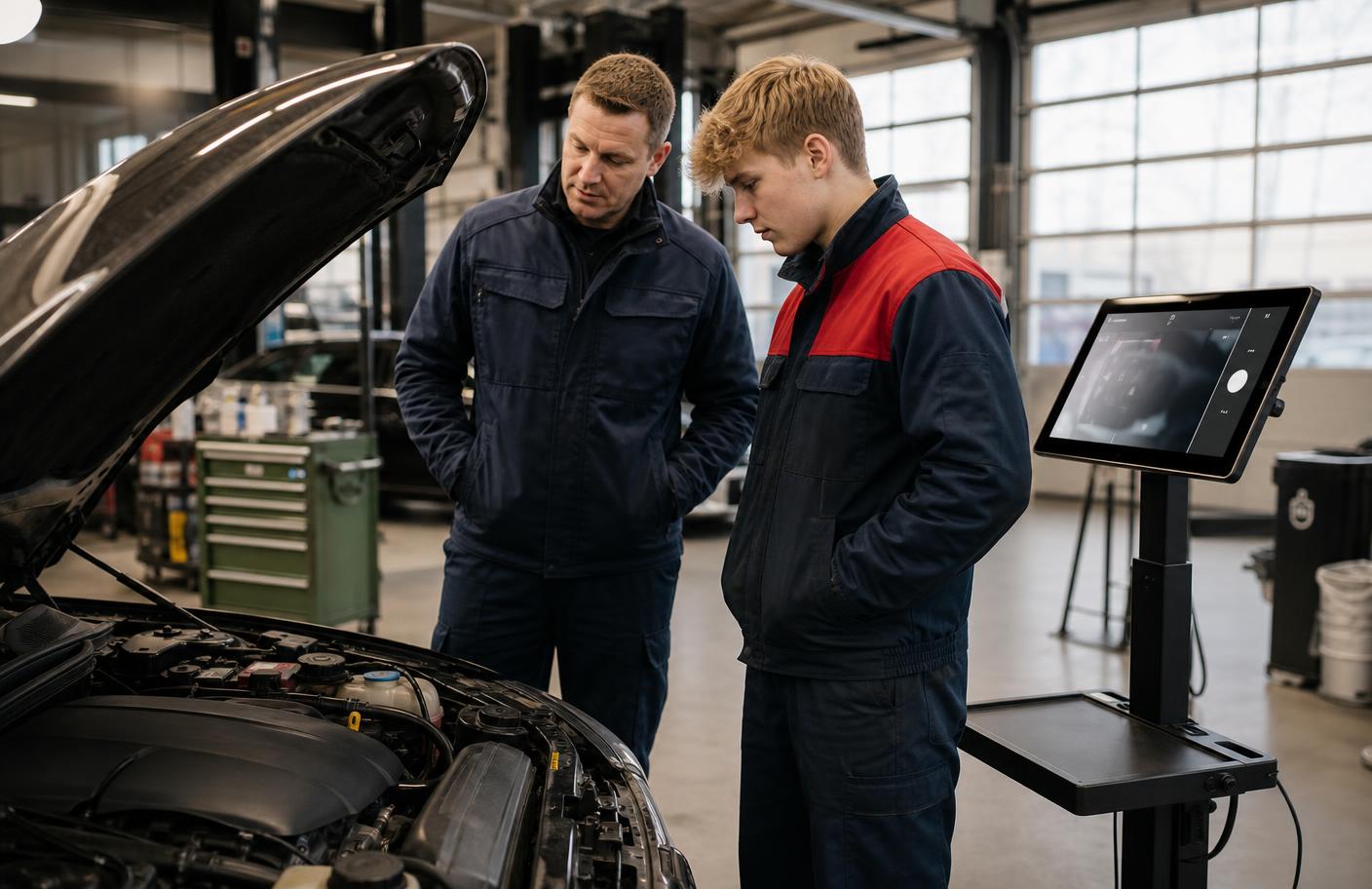 Mechanic apprentice and teacher inspecting an engine beside a mounted tablet